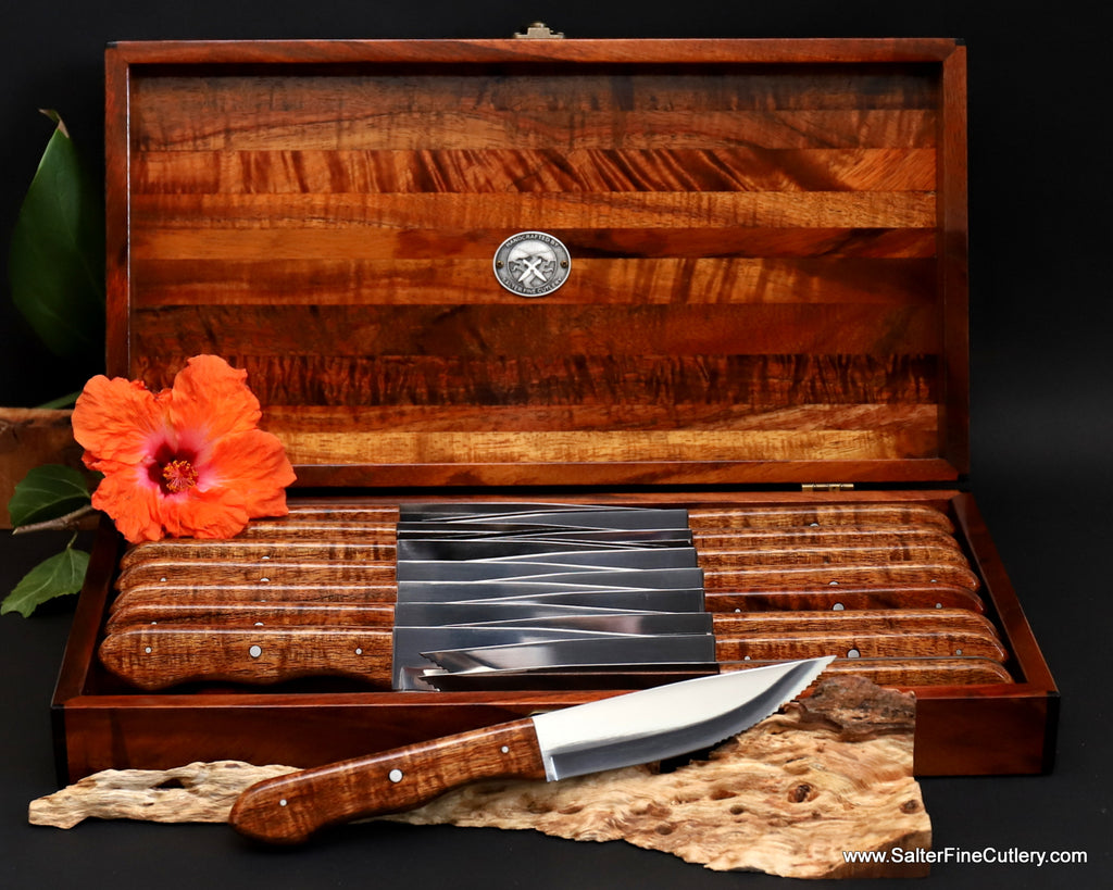 16-piece steak knife set in staggered keepsake box all curly Hawaiian koa wood by SalterFineCutlery of Hawaii