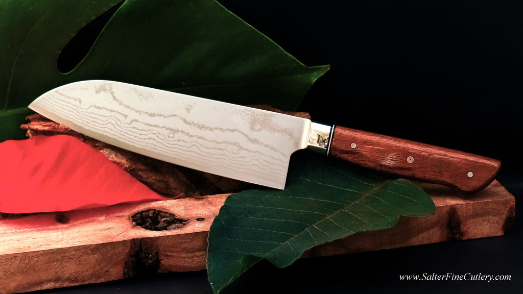 170mm santoku and all-purpose kitchen knife with Japanese damascus stainless steel blade and Hawaiian koa wood handle by SalterFineCutlery