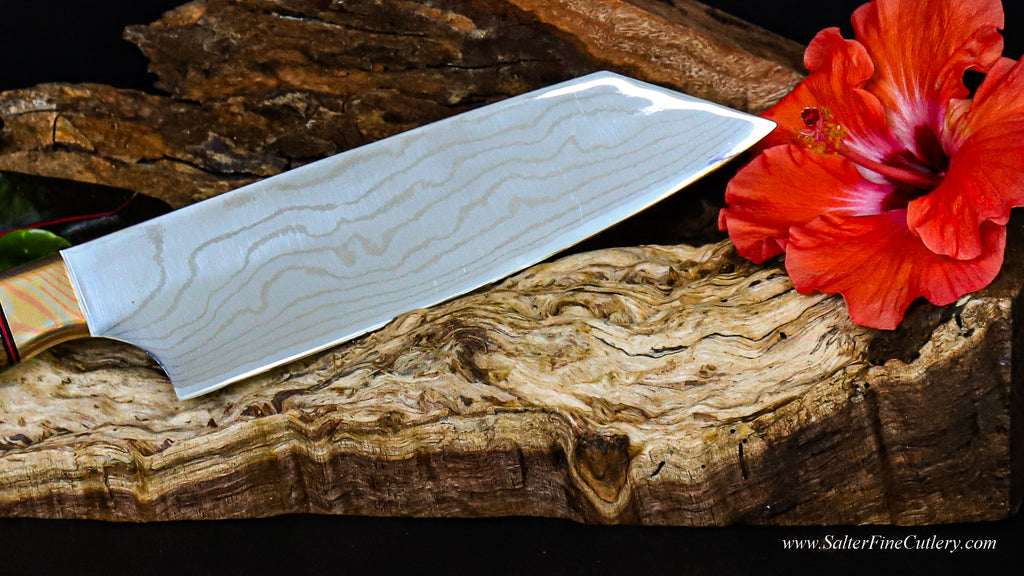 Detail view of mirror polish damadcus bunka knife handmade from SalterFineCutlery Hawaii