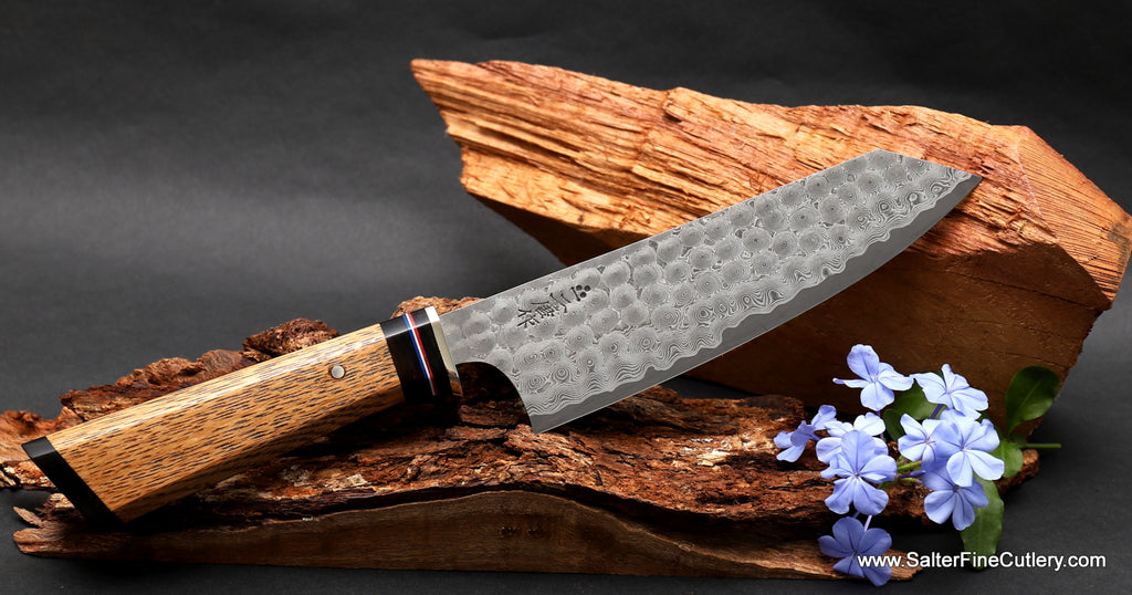 180mm bunka Charybdis design pattern with patrioti BB-63 reclaimed teak handle by Salter Fine Cutlery
