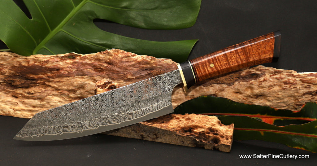 180mm bunka knife luxury hand-forged R2 stainless steel blade with extra decorative curly koa wood handle handcrafted in Hawaii by SalterFineCutlery