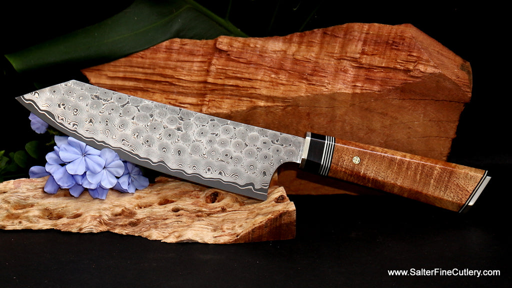 180mm bunka with beautiful curly koa wood handle handcrafted in Hawaii by SalterFineCutlery luxury handmade chef knives