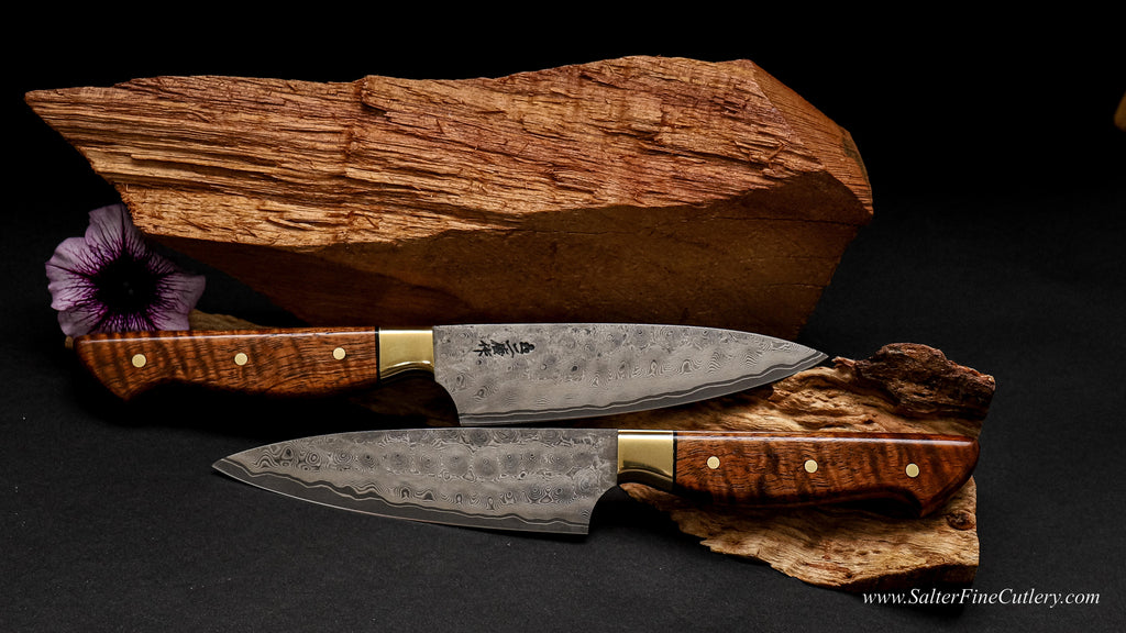 2 hand-forged steak knives part of 4 piece set Cattleman's whirlpool damascus series by SalterFineCutlery