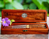 2-piece steak knife set in open keepsake box curly Hawaiian koa wood handles and box by SalterFineCutlery luxury table knives