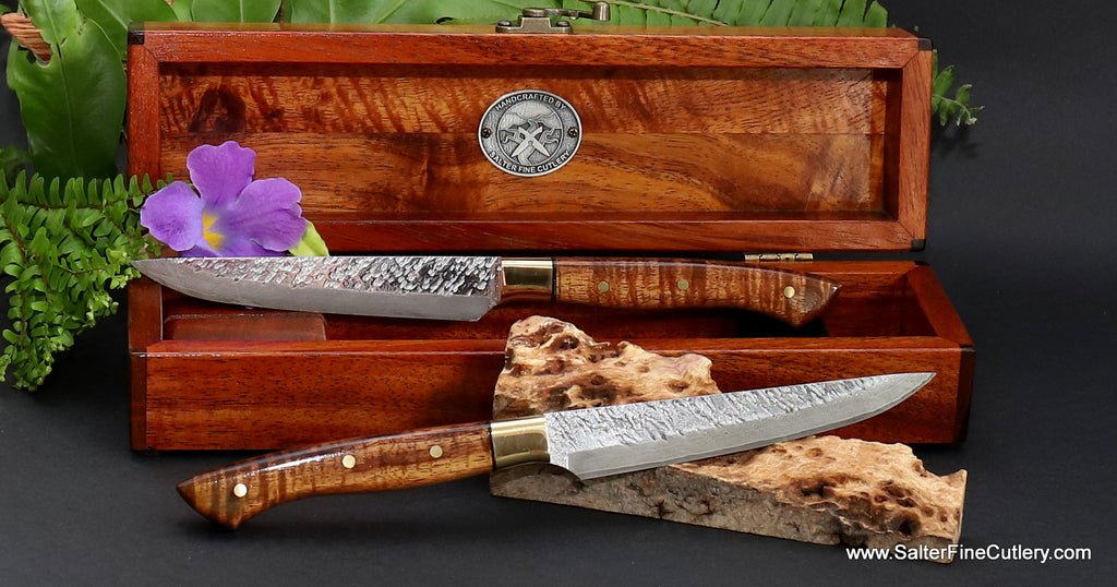 2-piece luxury handmade steak knife set with koa handles and keepsake box by SalterFineCutlery of Hawaii