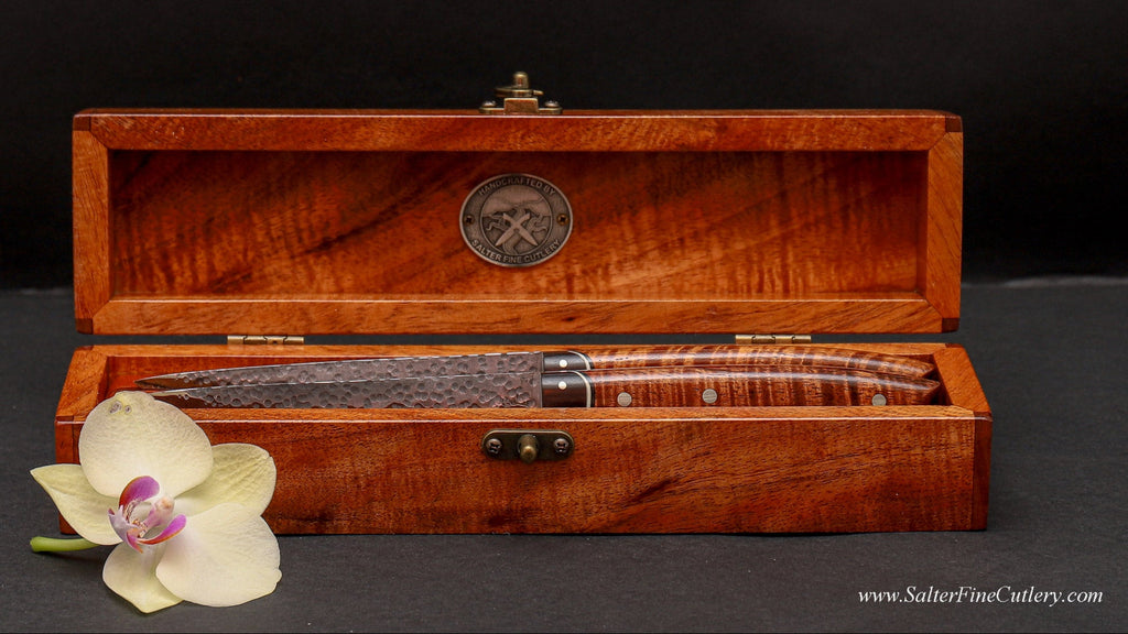 Two-piece hammer-polished series steak knife set in open keepsake box by SalterFineCutlery 