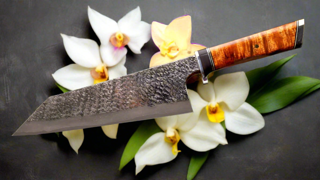 210mm Honesuki butcher knife from SalterFineCutlery handcrafted artist-series koa wood handle