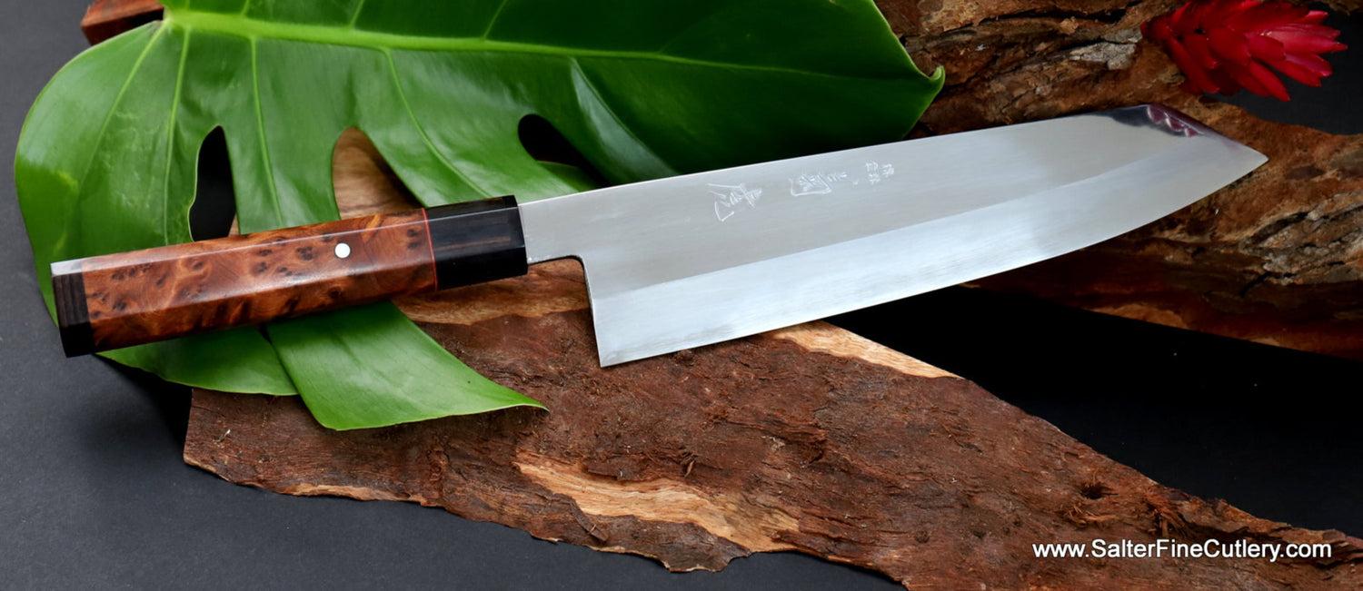 shirogami carbon steel single bevel 210mm chef knife with kiritsuki tip, mirror polish and decorative handle by SalterFineCutlery