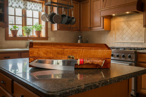 210mm artist-series collectible chef knife in front of presentation box handcrafted by SalterFineCutlery