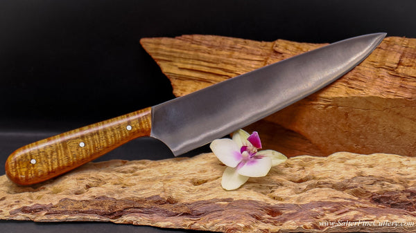 Eight inch all purpose chef knife japanese blade with Hawaiian curly koa wood handle by SalterFineCutlery