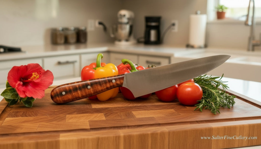 210mm kitchen knife with rare exotic Hawaiian koa wood handle handcrafted by SalterFineCutlery