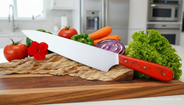 Kitchen knife with eight inch blade handmade stainless steel with lava theme handle from Hawaii by SalterFineCutlery