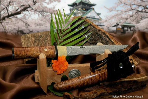 Collectible edition of a Japanese yoroi doshi traditional knife with matching saya and stand by SalterFineCutlery