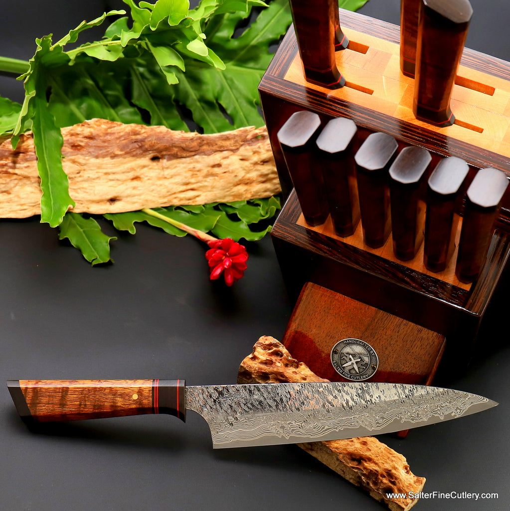 210mm kitchen knife handmade from SalterFineCutlery together with balance of 12-piece chef and steak knife set