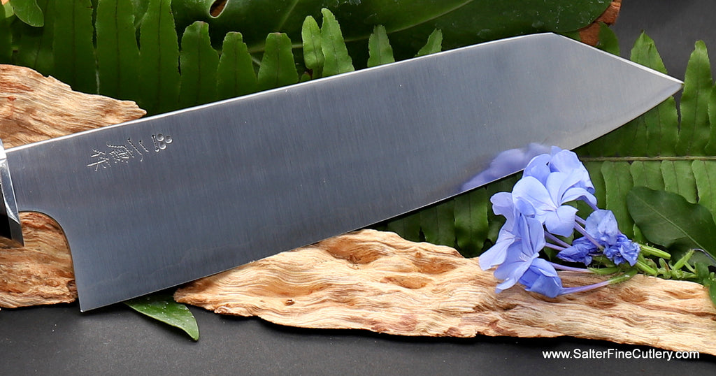 210mm chef knife kiritsuke tip perfect for vegan cooking blade detail  high polish finish from SalterFineCutlery