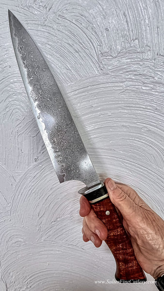 Large 240mm chef knife V6SuperPro carbon damascus hand-forged blade with decorative curly koa wood handle exclusively from SalterFineCutlery