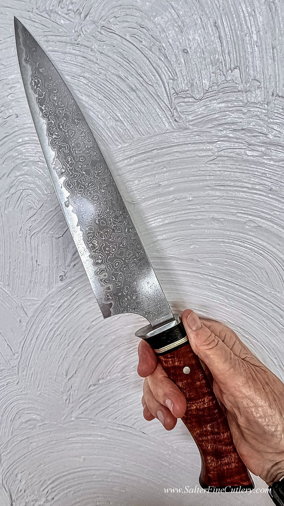 Large 240mm chef knife V6SuperPro carbon damascus hand-forged blade with decorative curly koa wood handle exclusively from SalterFineCutlery