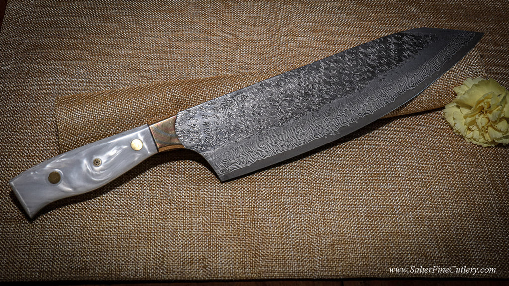 Large chef knife with swedge tip VillageForge hammered collection with custom handle by SalterFineCutlery