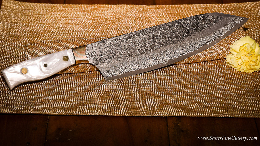 240mm chef knife with bunka style tip custom made-to-order handle with white pearl and mokume bolster by SalterFineCutlery
