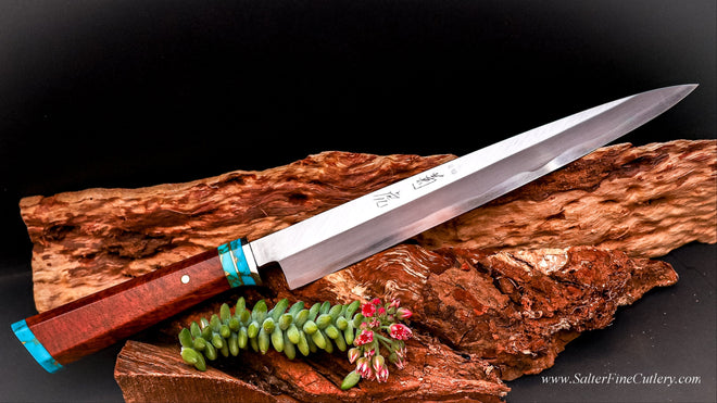 240mm slicing knife or sushi knife with decorative handle of Hawaiian wood stainless steel and turquoise by SalterFineCutlery