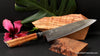 240mm hand-forged gyuto shirogami with stainless clad sides custom long version curly Hawaiian koa handle from SalterFineCutlery 