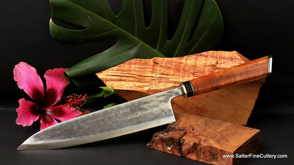 240mm gyuto with hammer polished finish and artist series handle by SalterFineCutlery