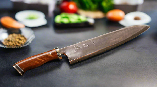 240mm chef knife with western-feel curly koa wood handle by SalterFineCutlery Hawaii