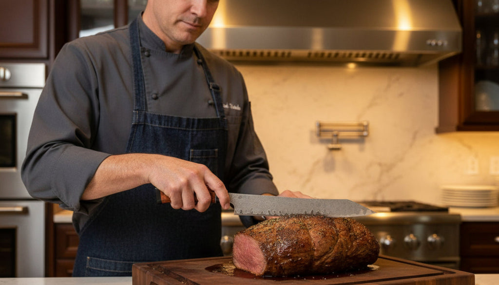 10-1/2" slicing knfie with decorative koa wood and buffalo horn handle handforged in Japan V6 Super carbon steel exclusively for SalterFineCutlery