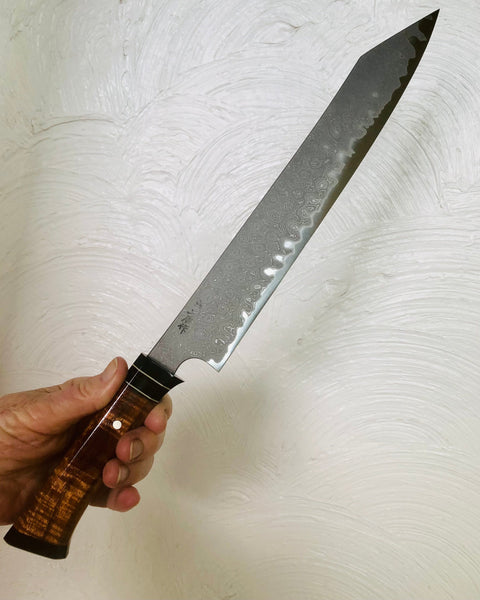 270mm carbon steel sujihiki with tanto tip and decorative koa wood handle exclusively from SalterFineCutlery