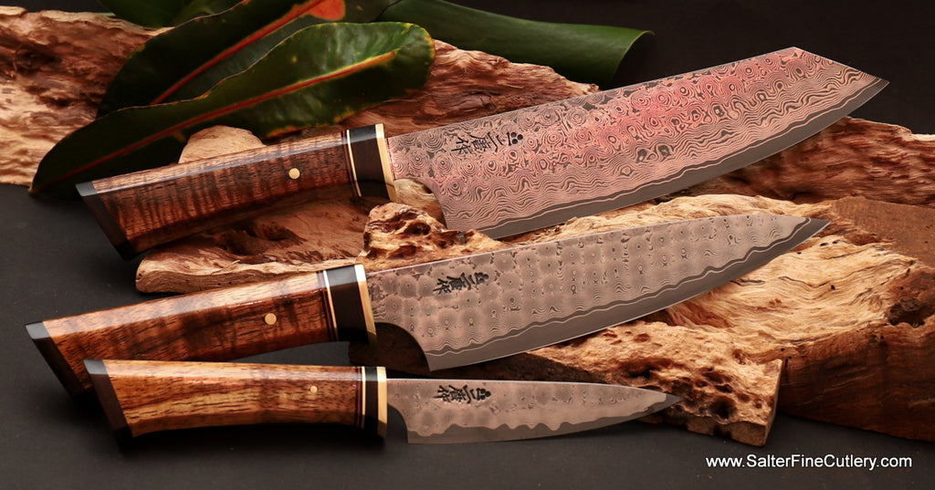 3-piece chef knife set just after a Hawaiian sunset luxury kitchen knives handmade by Salter Fine Cutlery