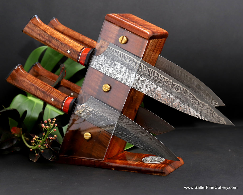 Chef Knife set in new original design LuxeTower stand handmade in Hawaii by SalterFineCutlery