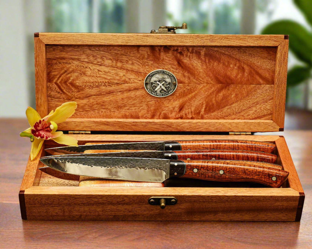 Set of handmade VG10 stainless steel steak knives with handcrafted keepsake box SalterFineCutlery 
