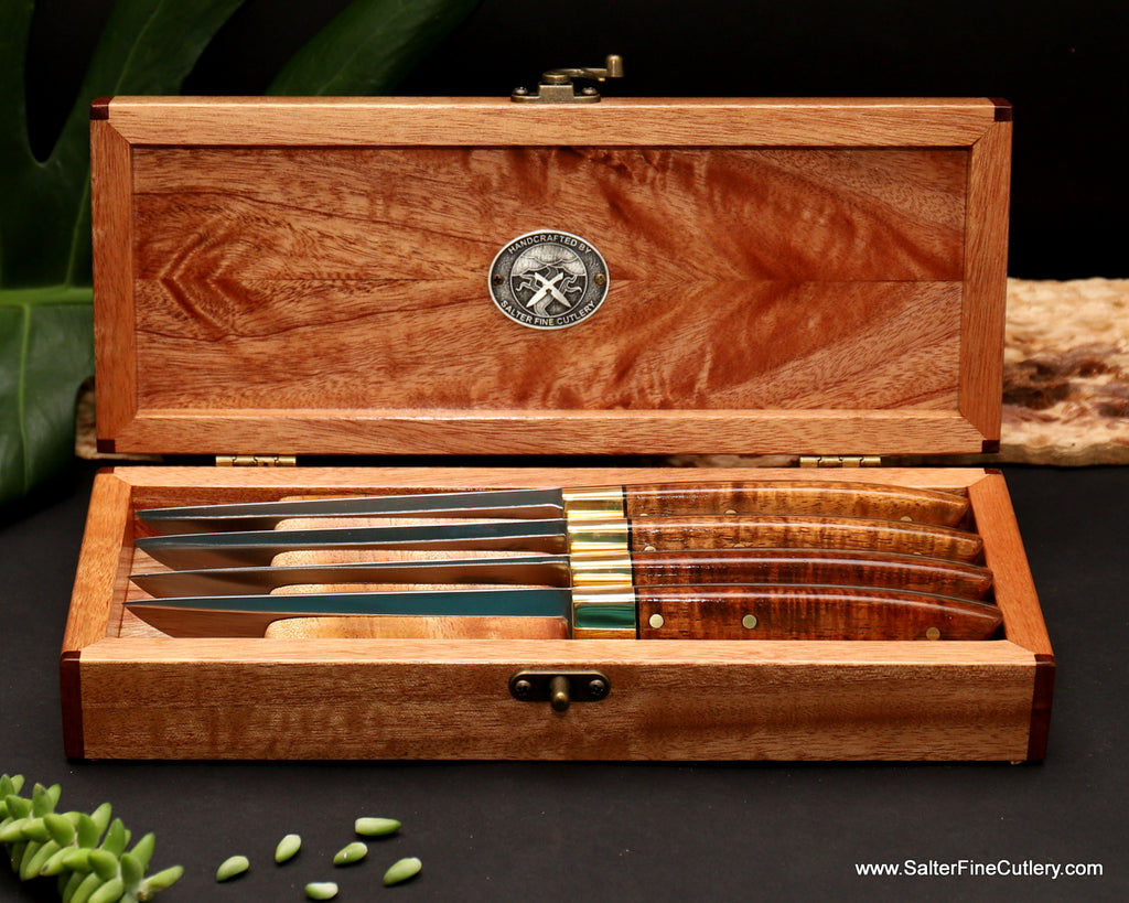 4-piece steak knife set Classic Clad design series in open Queensland Maple keepsake box by SalterFineCutlery handmade luxury tableware 