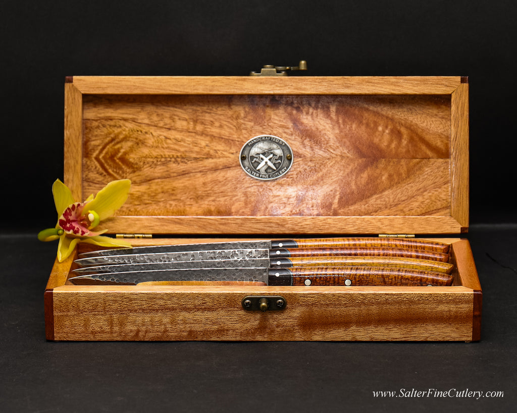 Handforged Japanes steak knife set with rare exotic wood handles and keepsake box by SalterFineCutlery