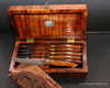 downward view of luxury six-piece handmade steak knife set in rare old-growth koa wood open box handcrafted by SalterFineCutlery