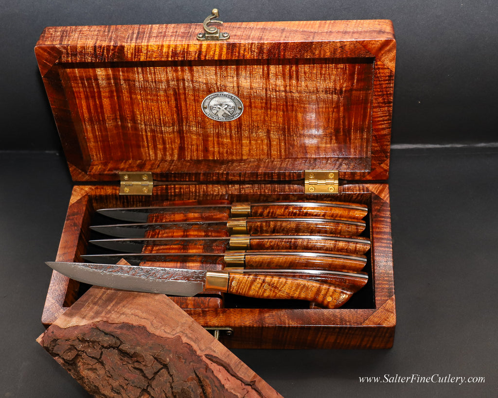 downward view of luxury six-piece handmade steak knife set in rare old-growth koa wood open box handcrafted by SalterFineCutlery