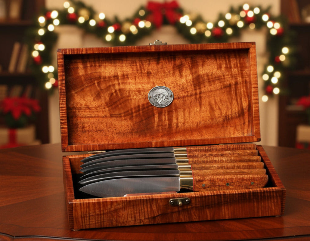 Six hand-forged Japanese R2 stainless steel steak knives with Hawaiian curly koa wood handles and matching rare premium grade koa keepsake box by SalterFineCutlery