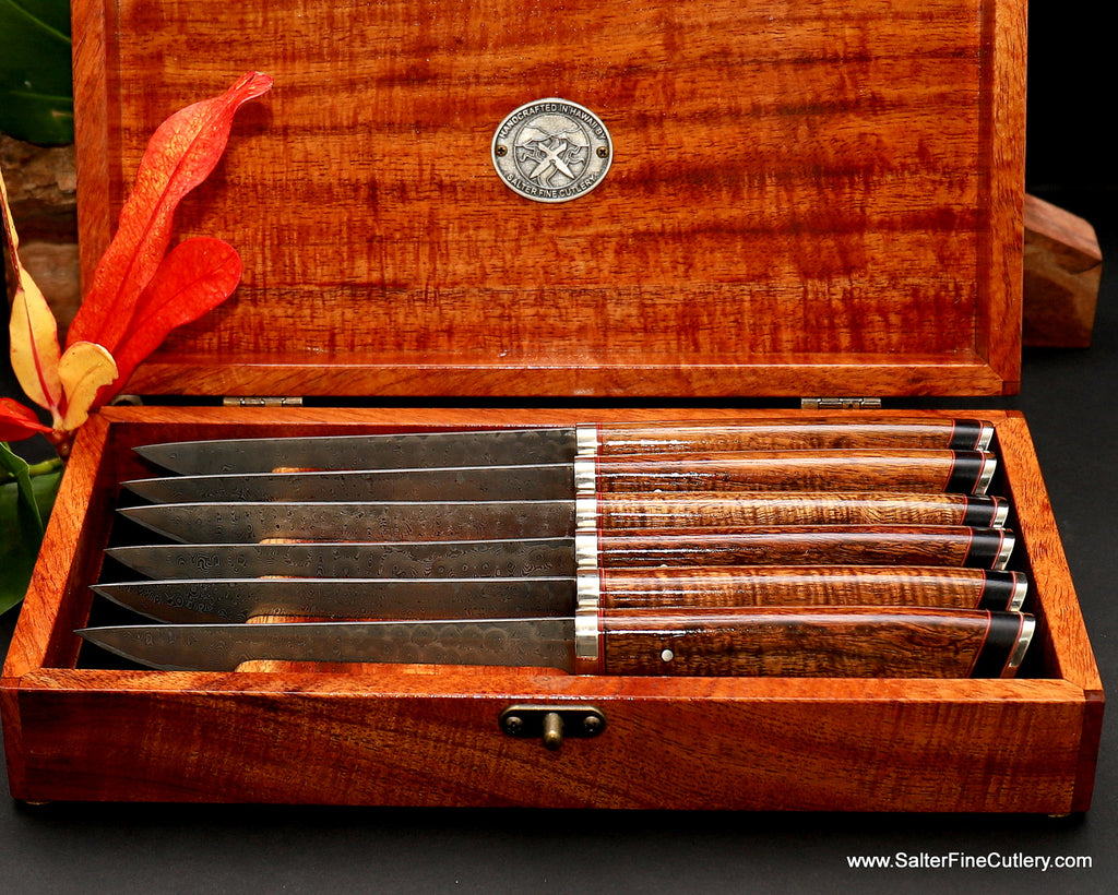 6-piece steak knife set in open keepsake box handcrafted luxury tableware made in Hawaii by SalterFineCutlery
