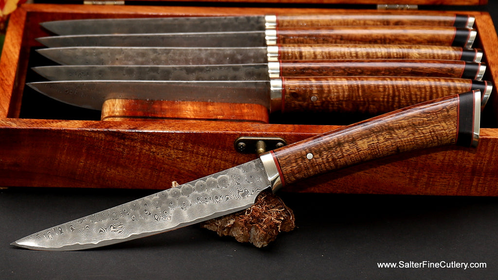 Knife detail handcrafted steak knife set from SalterFineCutlery Hawaiian curly koa wood handles and box