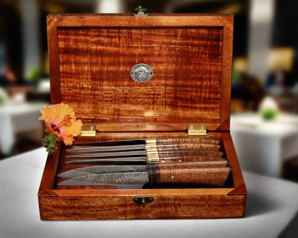 Six piece custom steak knife set in presentation box by SalterFineCutlery custom steak knife sets handmade to order.