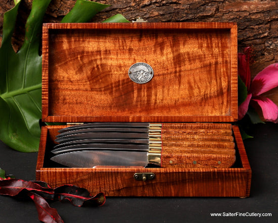 6-pc handmade luxury steak knife set in open upgrade wood keepsake box SalterFineCutlery Hawaii