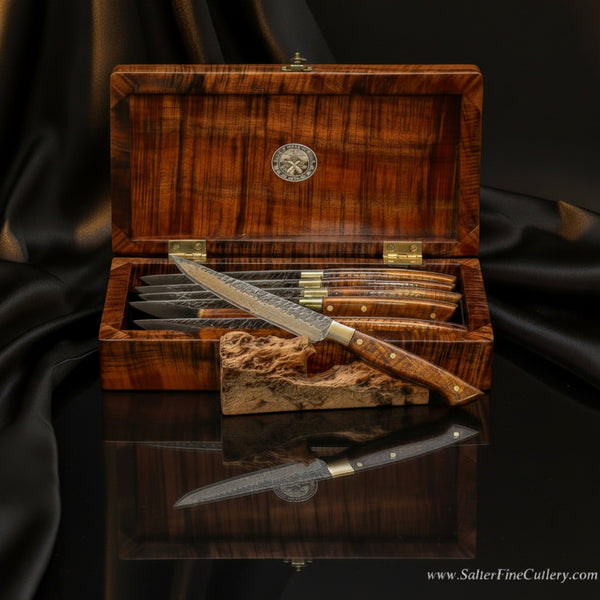 Six piece steak knife set in open box handcrafted luxury tableware by SalterFineCutlery