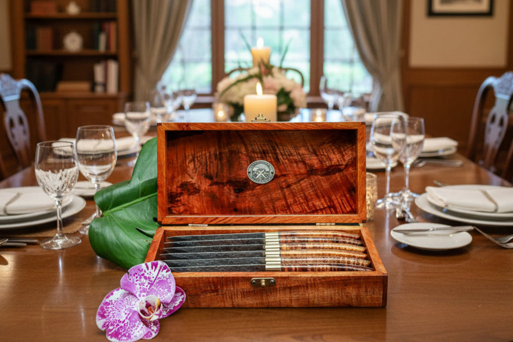 Six-piece steak knife set in open keepsake box handcrafted with Japanese VG10 stainless custom blades and curly rare Hawaiian koa wood handles and box by SalterFineCutlery