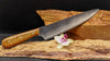 Handmade kitchen knife with rare blonde curly Hawaiian koa wood handle from SalterFineCutlery