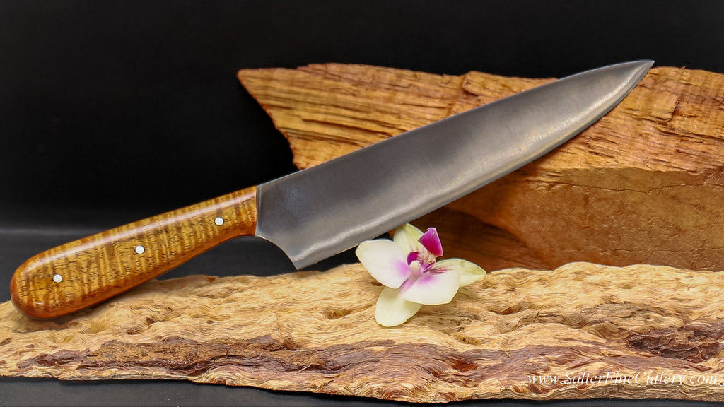 Handmade kitchen knife with rare blonde curly Hawaiian koa wood handle from SalterFineCutlery