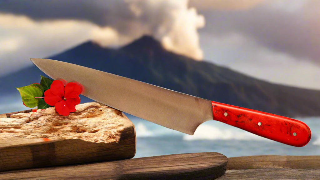 8-inch stainless Japanese made stainless steel chef knife with special edition lava themed handle by SalterFineCutlery Big Island Hawaii