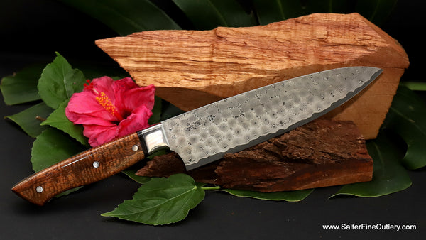 All-purpose chef knife hand-forged whirlpool damascus pattern curly Hawaiian handcrafted handle stainless steel bolster by SalterFineCutlery