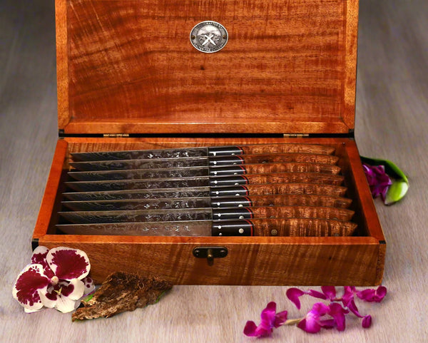 8-piece steak knife set handcrafted stainless steel damascus with curly Hawaiian koa wood handles and matching box from SalterFineCutlery