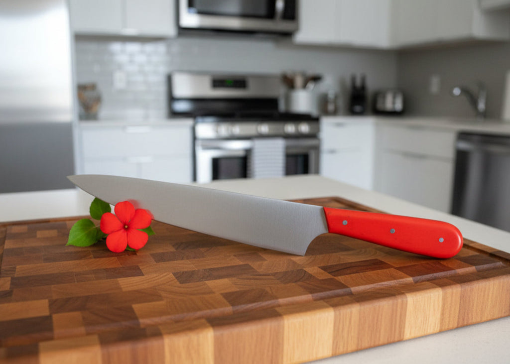 All purpose eight-inch blade chef knife with faux stone lava flow special handle handmade in Hawaii from SalterFineCutlery