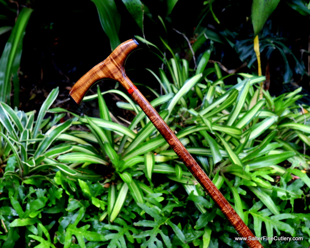 Cane 34-inch presentation grade curly koa wood handcrafted in Hawaii by SalterFineCutlery and custom woodworking